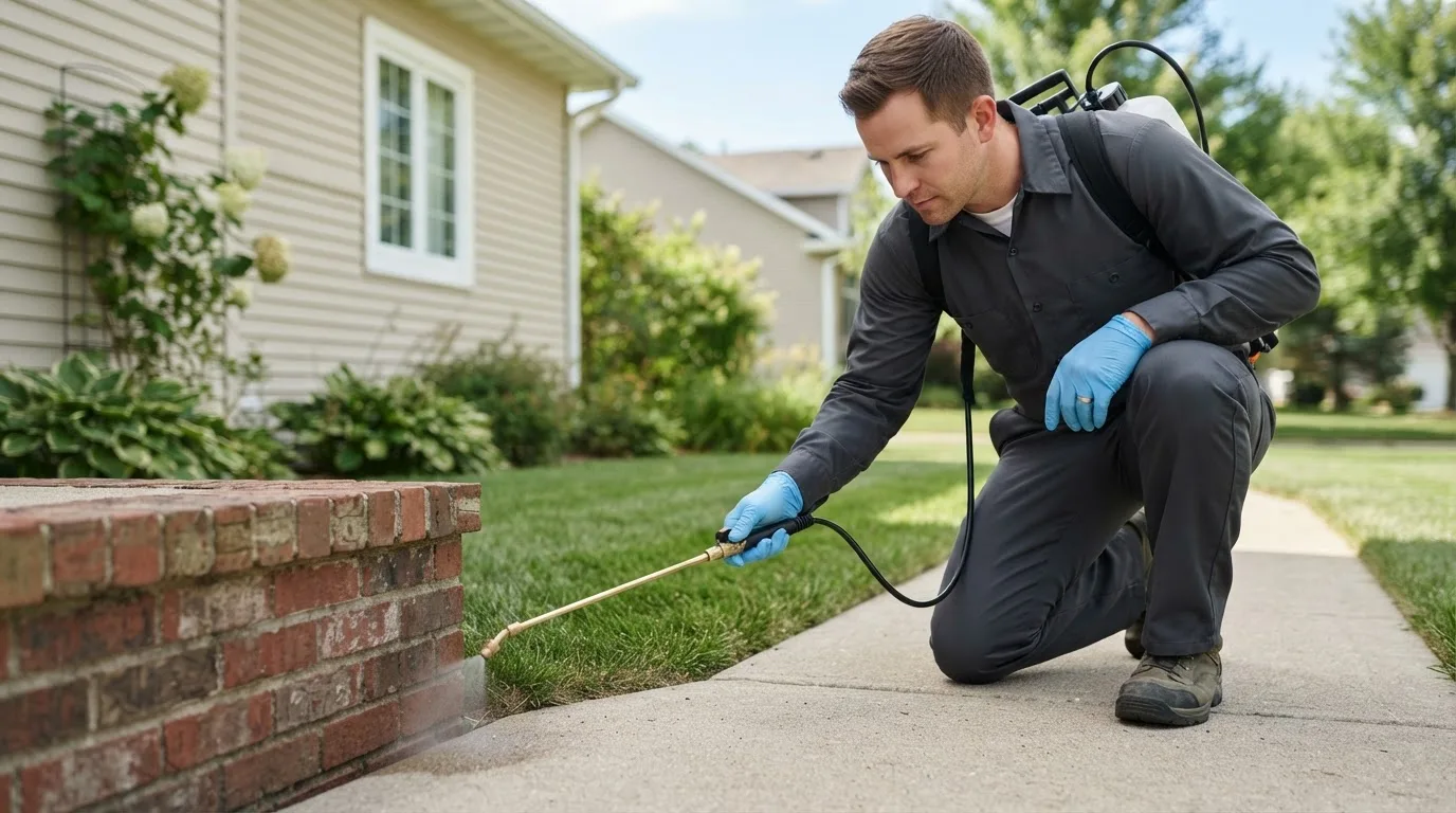 Pest control technician treating a home near Novinger, MO